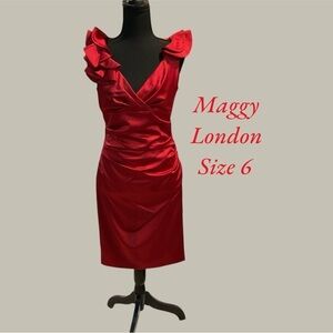 MAGGY LONDON RED SILK LOOK FORMAL!  GREAT FOR PROM, SIZE 6